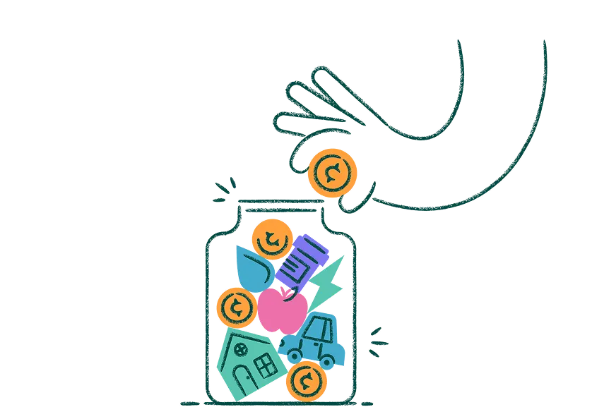 Fundraising illustration — hand dropping coins into a jar full of community items